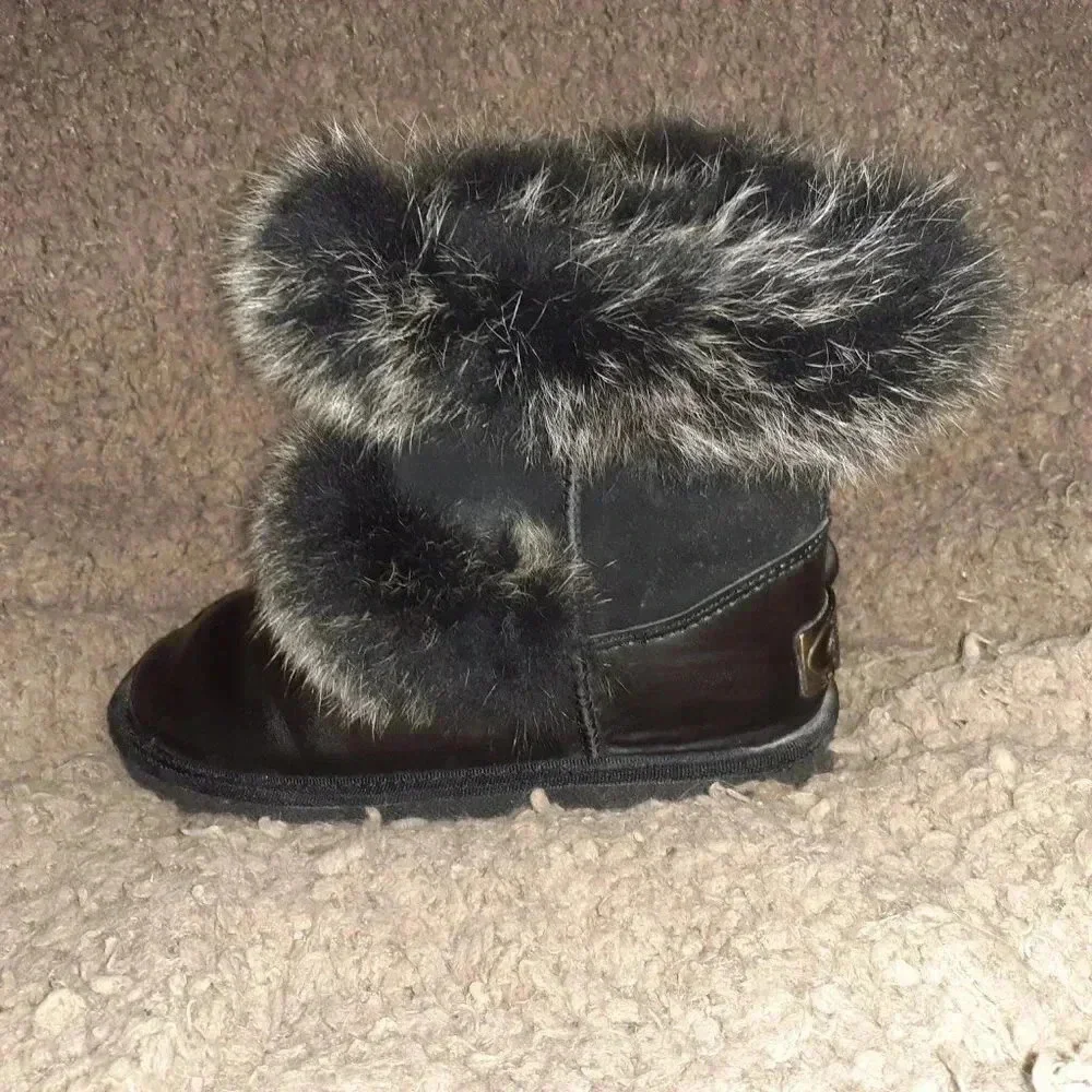 AUABP-Gracie-Black Leather Boots-Sheepskin Lining-Fox Fur Trim-Size 5-Excellent